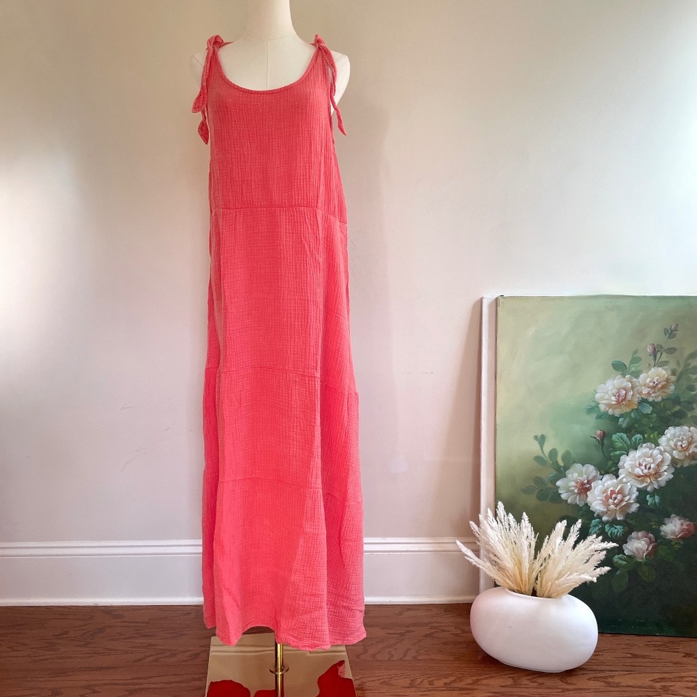 Cupio Gauze Maxi Dress Tiered Large Coral Tie Strap Summer Boho Beach Vacation